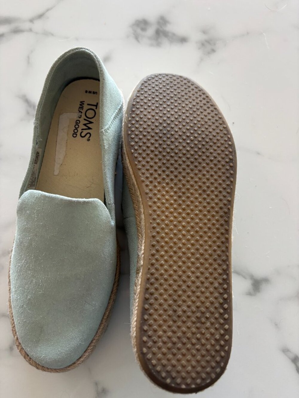 TOMS Suede Espadrille Platform Loafer Size 6 EU 36.5 Mint Sage Leather Upper - Picture 7 of 8